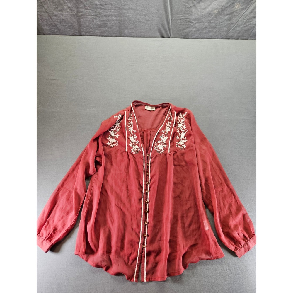 Hyde Park Womens Rust Red Embroidered Long Sleeve Button Down Blouse PN930 L